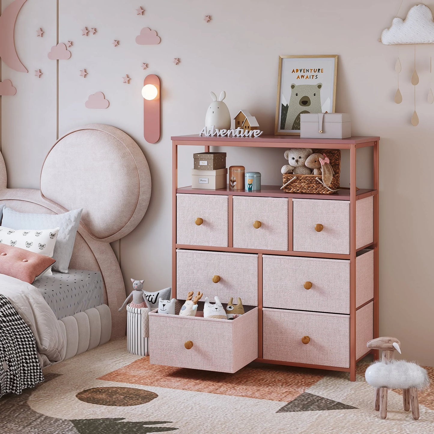 EnHomee Dressers for Bedroom with 7 Drawers Pink Dresser Fabric Chest of Drawers with Shelves Portable Storage Tower Small Dresser for Living Room Nursery Guest Room
