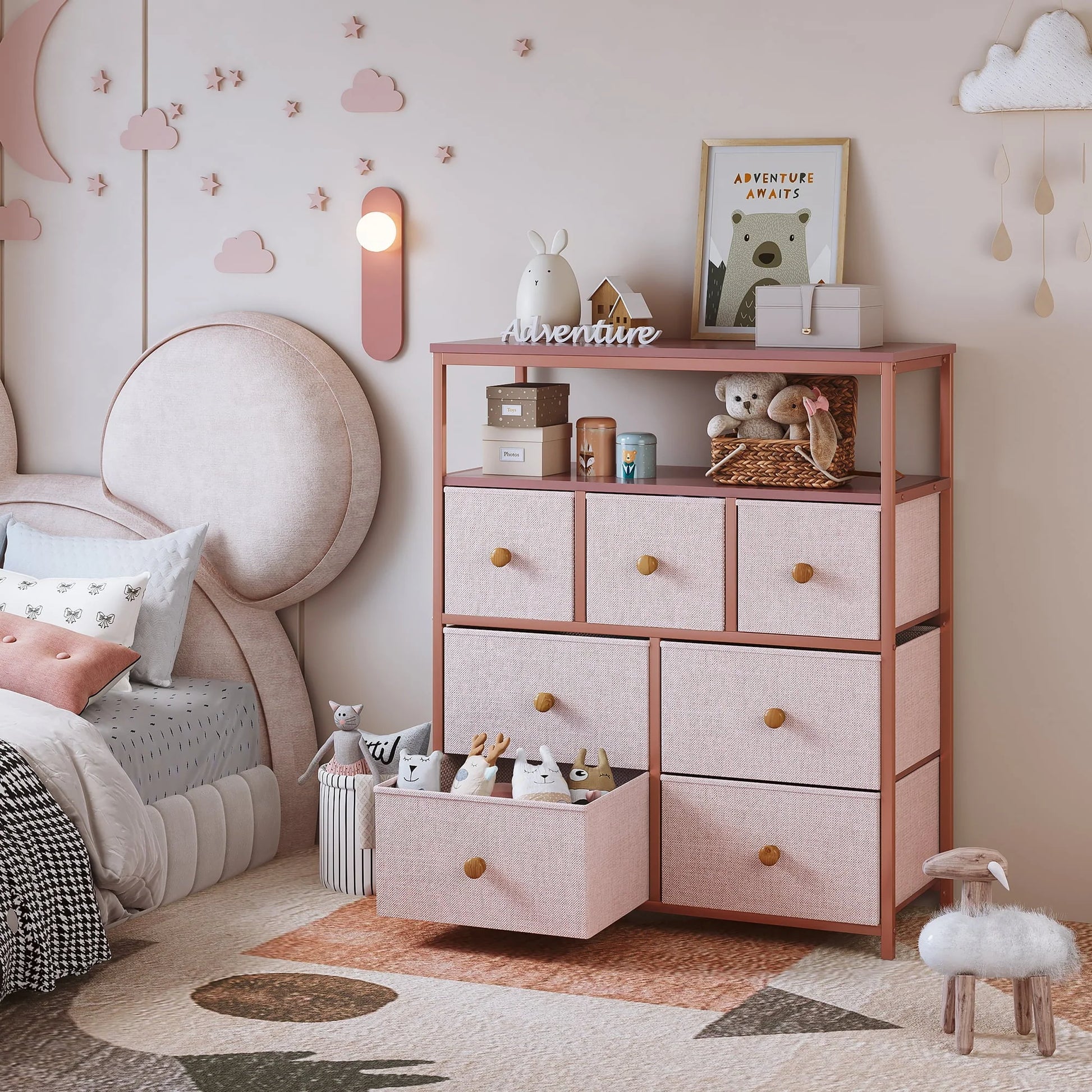 EnHomee Dressers for Bedroom with 7 Drawers Pink Dresser Fabric Chest of Drawers with Shelves Portable Storage Tower Small Dresser for Living Room Nursery Guest Room