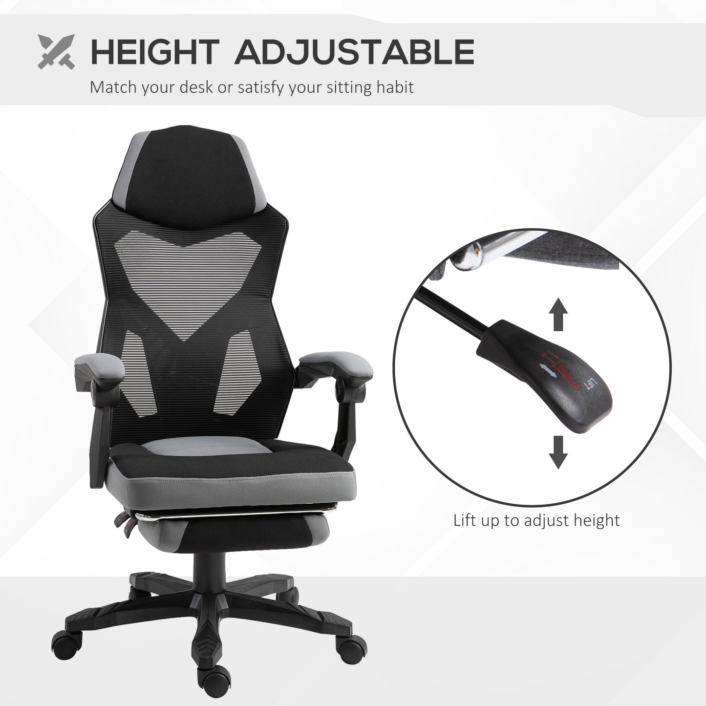 Vinsetto Ergonomic Home Office Chair High Back Armchair Computer Desk Recliner with Footrest, Mesh Back, Lumbar Support and Wheels, Gray