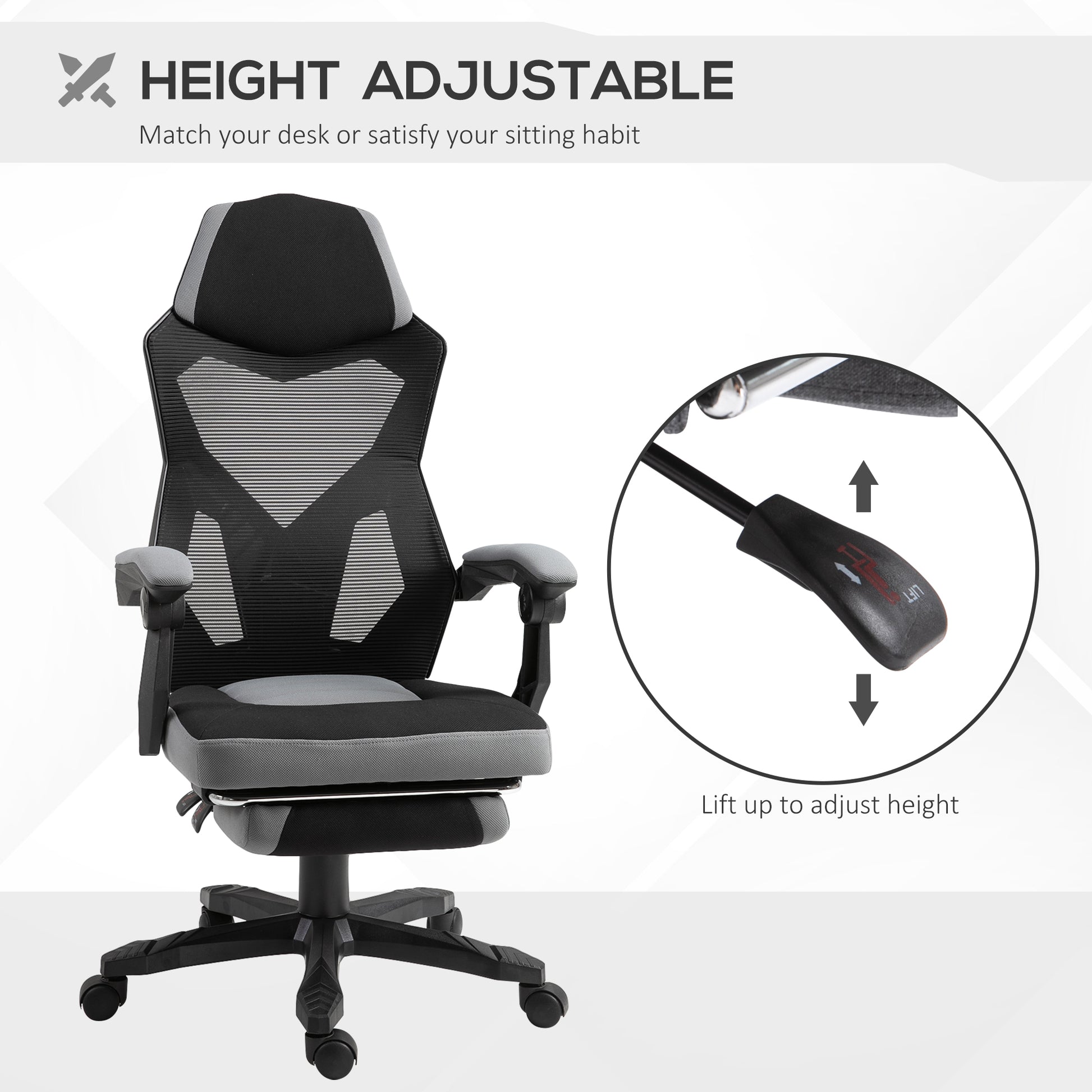 Vinsetto Ergonomic Home Office Chair High Back Armchair Computer Desk Recliner with Footrest, Mesh Back, Lumbar Support and Wheels, Gray