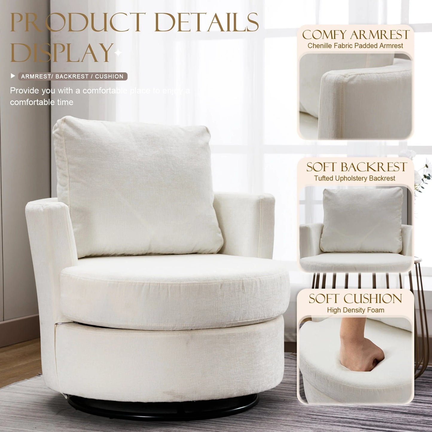 Muumblus Chenille Swivel Accent Chair, Barrel Chair Comfy Round Armchair Sofa Chair Sherpa Chair for Living Room & Nursery, Beige