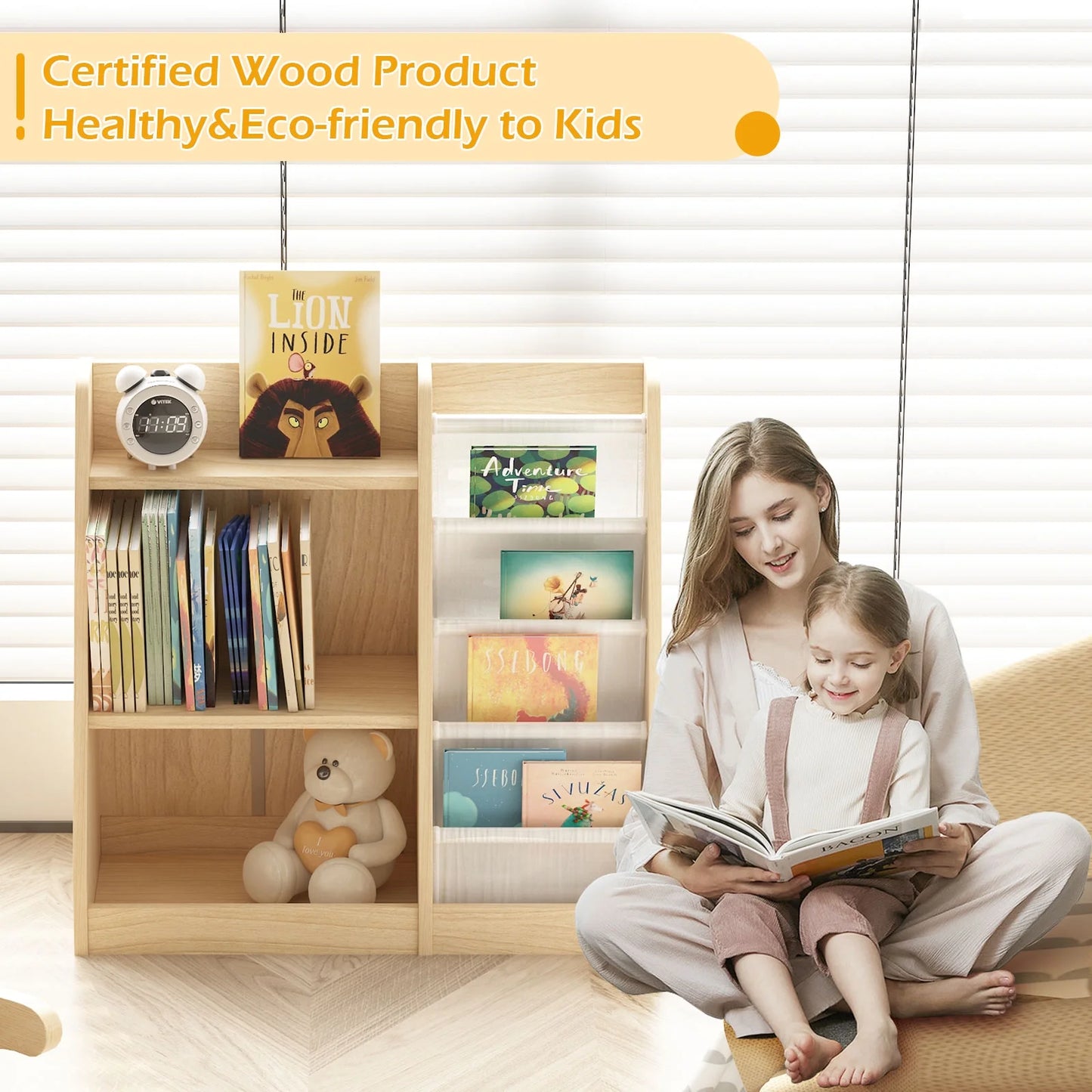 Hironpal Small 3 Tier Kids Bookshelf with 4 Layer Sling Adjustable Book Display Shelf for Nursery Playroom Kids Baby Bedroom
