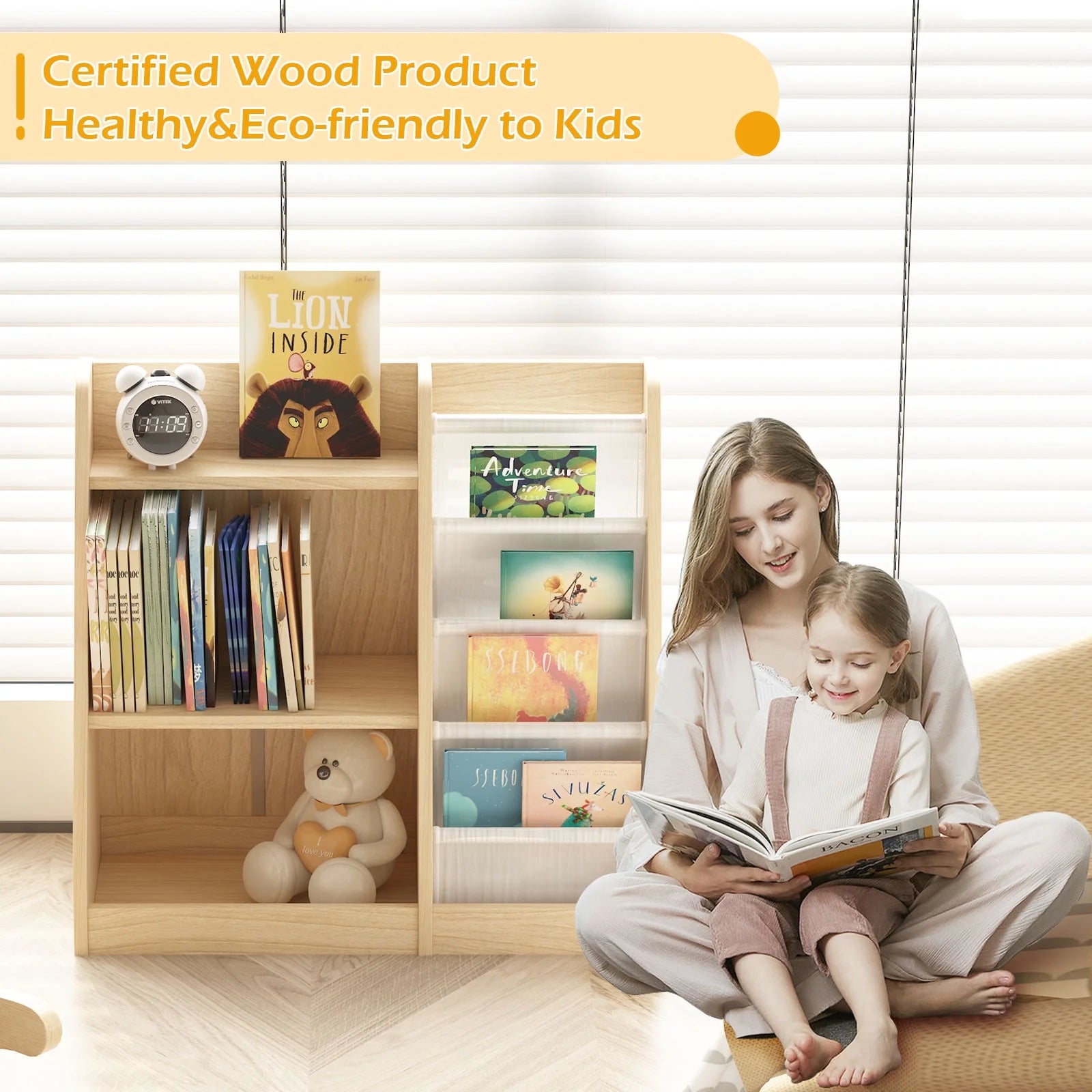 Hironpal Small 3 Tier Kids Bookshelf with 4 Layer Sling Adjustable Book Display Shelf for Nursery Playroom Kids Baby Bedroom