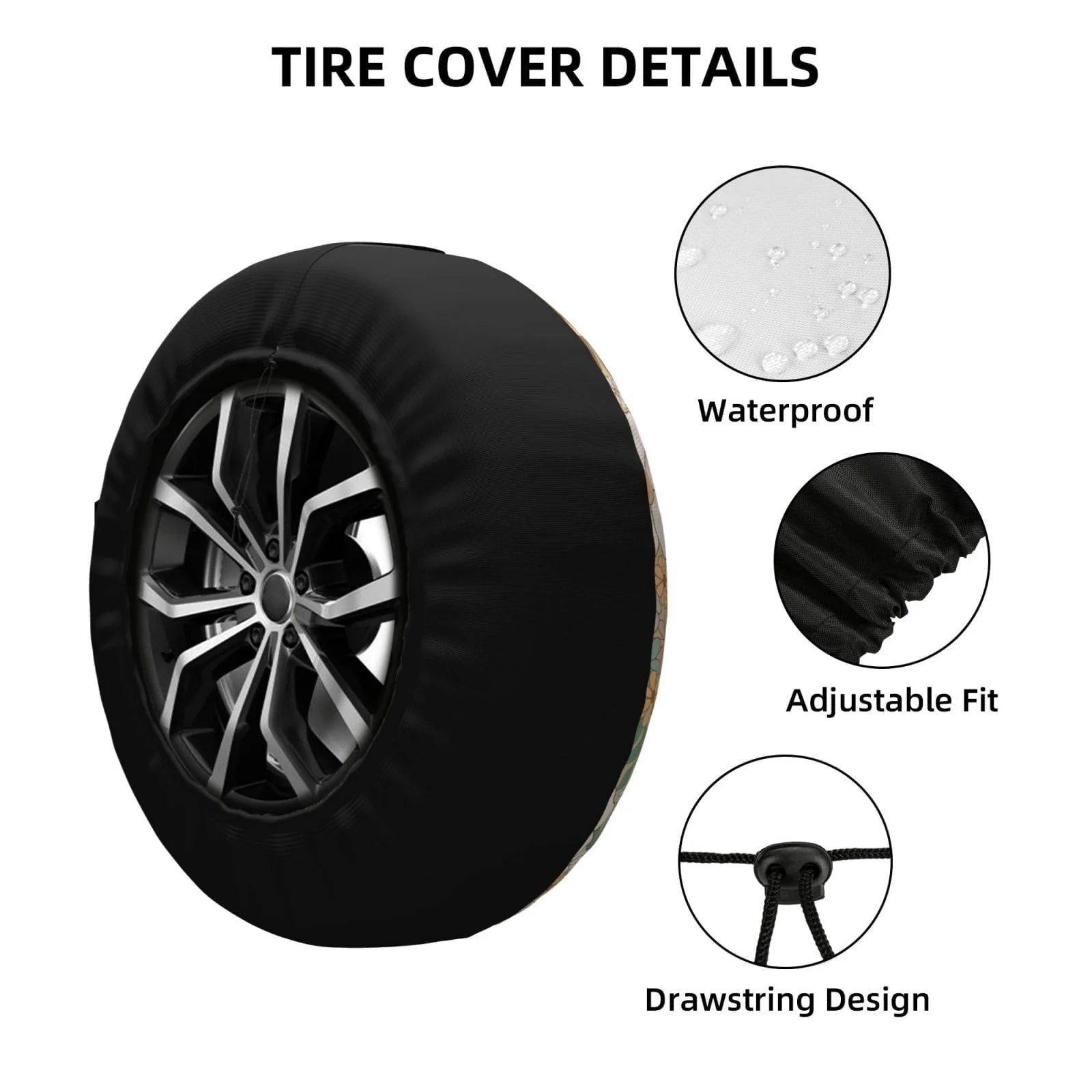 DouZhe Waterproof Spare Tire Cover, Retro Floral Flowers Design Prints Adjustable Wheel Covers Fit for Jeep Trailer RV SUV Car, 14 inch