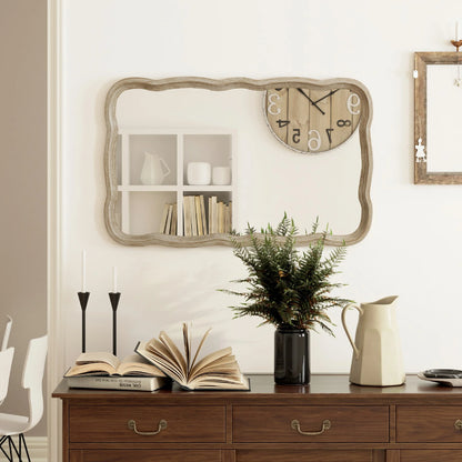 COZAYH Curved Wood Frame Accent Mirror, Farmhouse French Country Decorative Wall Mirror, Rectangle 23.5" L x 38" W, Natural