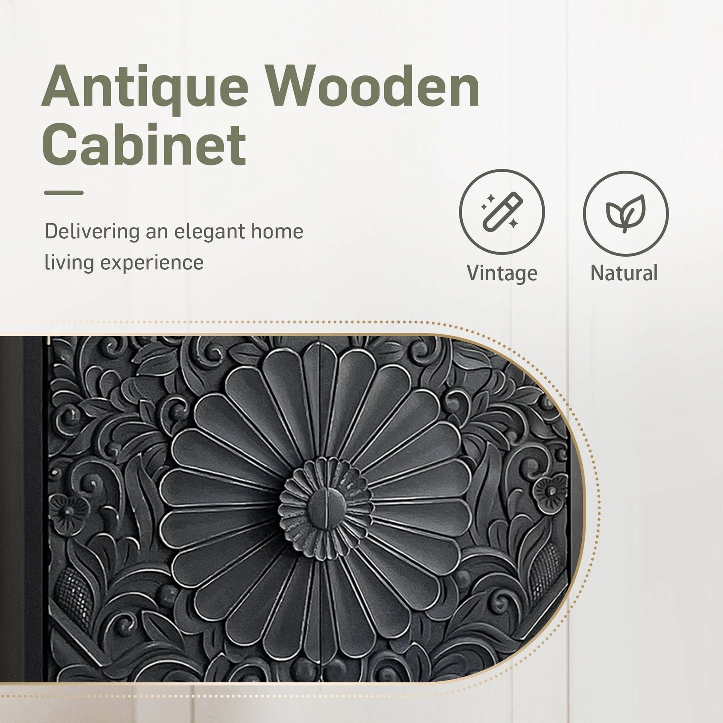 Alpha Joy Storage Cabinet with 2 Doors, Wood Accent Cabinet with Flower Pattern For Living Room, Dining Room, Black