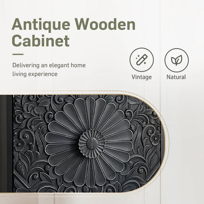 Alpha Joy Storage Cabinet with 2 Doors, Wood Accent Cabinet with Flower Pattern For Living Room, Dining Room, Black
