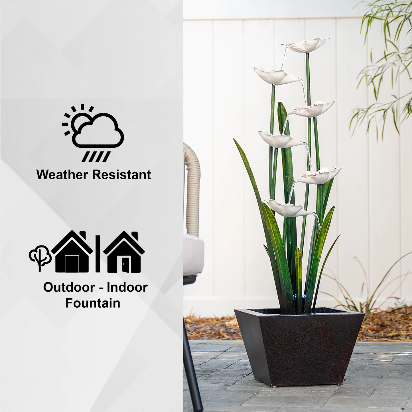 XBrand Metal Sculptural Multi-tiered Flower Water Fountain, Black & White, 39" Tall, w/LED Lights