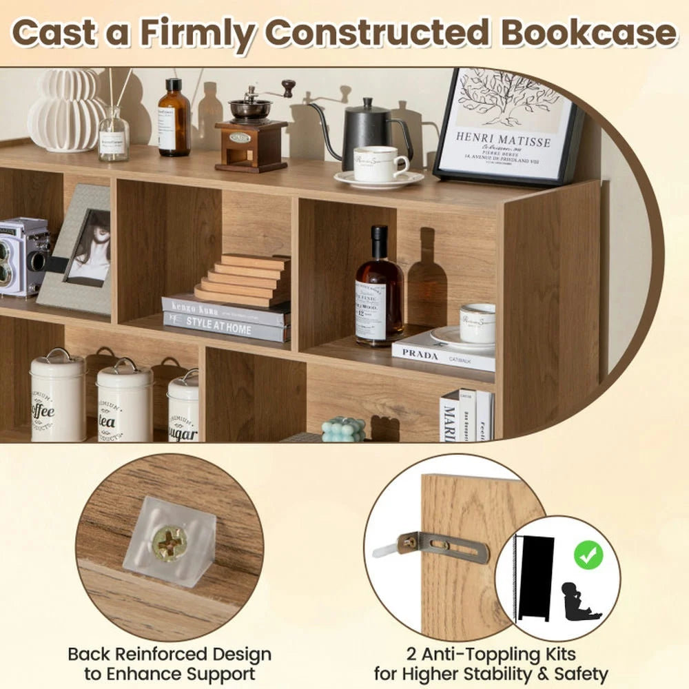 Spaco 3-Tier Open Bookcase 8-Cube Floor Standing Storage Shelves-Natural, Tall Bookshelf, Shelves for Living Room, Home Office, Bedroom, Balcony