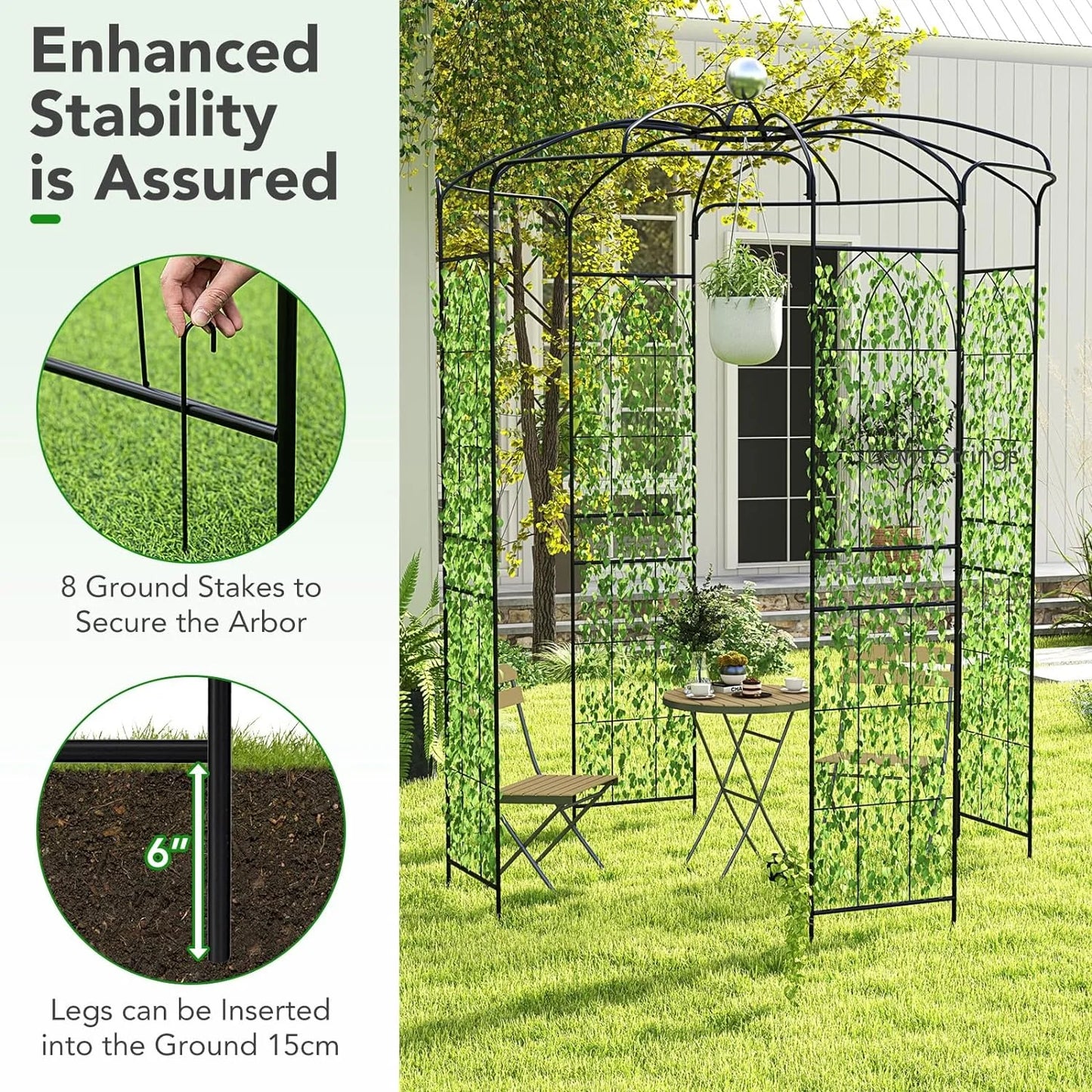 Moccha Birdcage Shape Gazebo, 9.4' H x 6.8' W Pergola Pavilion Arbor for Climbing Plants, French Style Arch Trellis with 8 Ground Stakes, Outdoor Metal Garden Arch for Wedding Party Decoration, Black