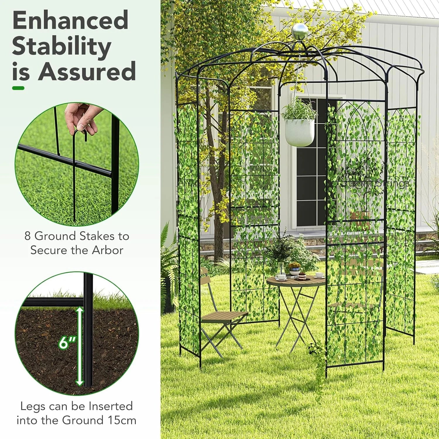 Moccha Birdcage Shape Gazebo, 9.4' H x 6.8' W Pergola Pavilion Arbor for Climbing Plants, French Style Arch Trellis with 8 Ground Stakes, Outdoor Metal Garden Arch for Wedding Party Decoration, Black