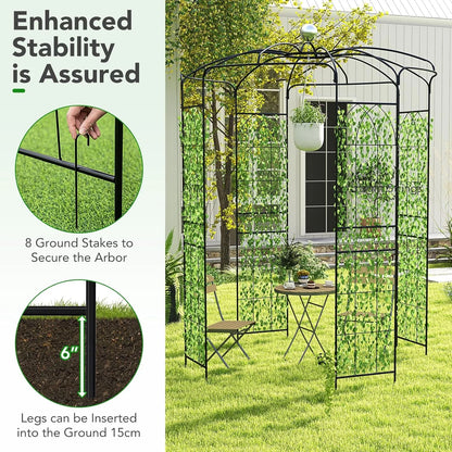 Moccha Birdcage Shape Gazebo, 9.4' H x 6.8' W Pergola Pavilion Arbor for Climbing Plants, French Style Arch Trellis with 8 Ground Stakes, Outdoor Metal Garden Arch for Wedding Party Decoration, Black