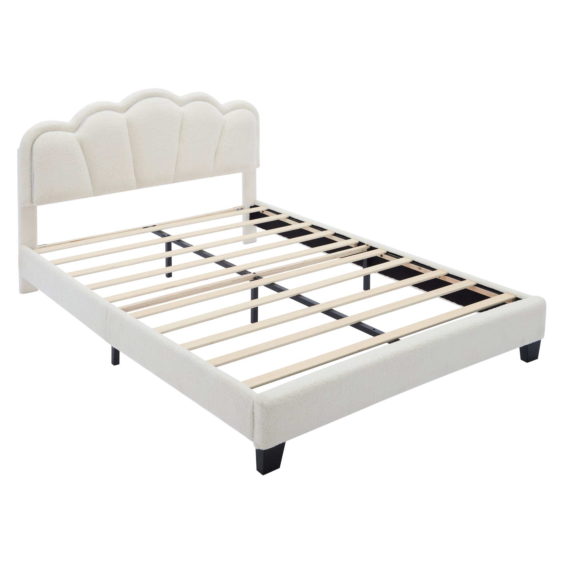 Euroco Upholstery Full Size Platform Bed with Flower-Shaped Headboard and LED Light for Kids Bedroom, Beige