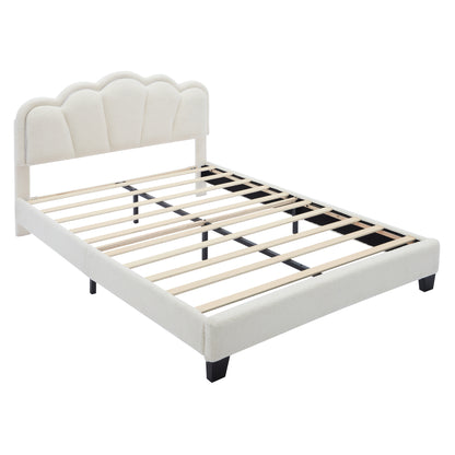 Euroco Upholstery Full Size Platform Bed with Flower-Shaped Headboard and LED Light for Kids Bedroom, Beige