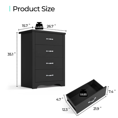 LINSY HOME Dressers for Bedroom, 4 Drawers Chest, Nursery Dresser Organizer, Tall Dresser Chest of Drawers - Black