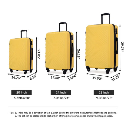3 Piece Luggage Sets, ABS Lightweight Suitcase(20/24/28), Carry on Hard-Shell Luggage with 2 Hooks, Telescopic Handle, Spinner Wheels and TSA Lock, Yellow