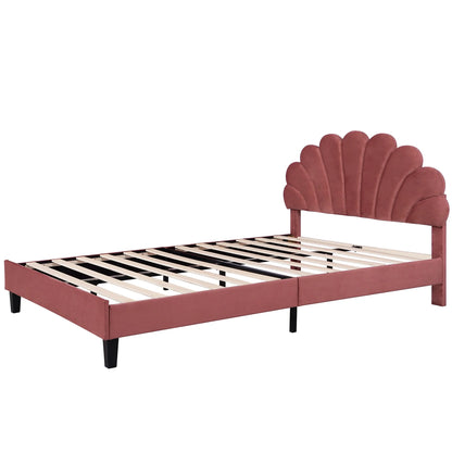 CITYLE Queen Size Upholstered Platform Bed with Flower Pattern Velvet Headboard, Queen Bed Frame for Kids and Adults, Bean Paste Red