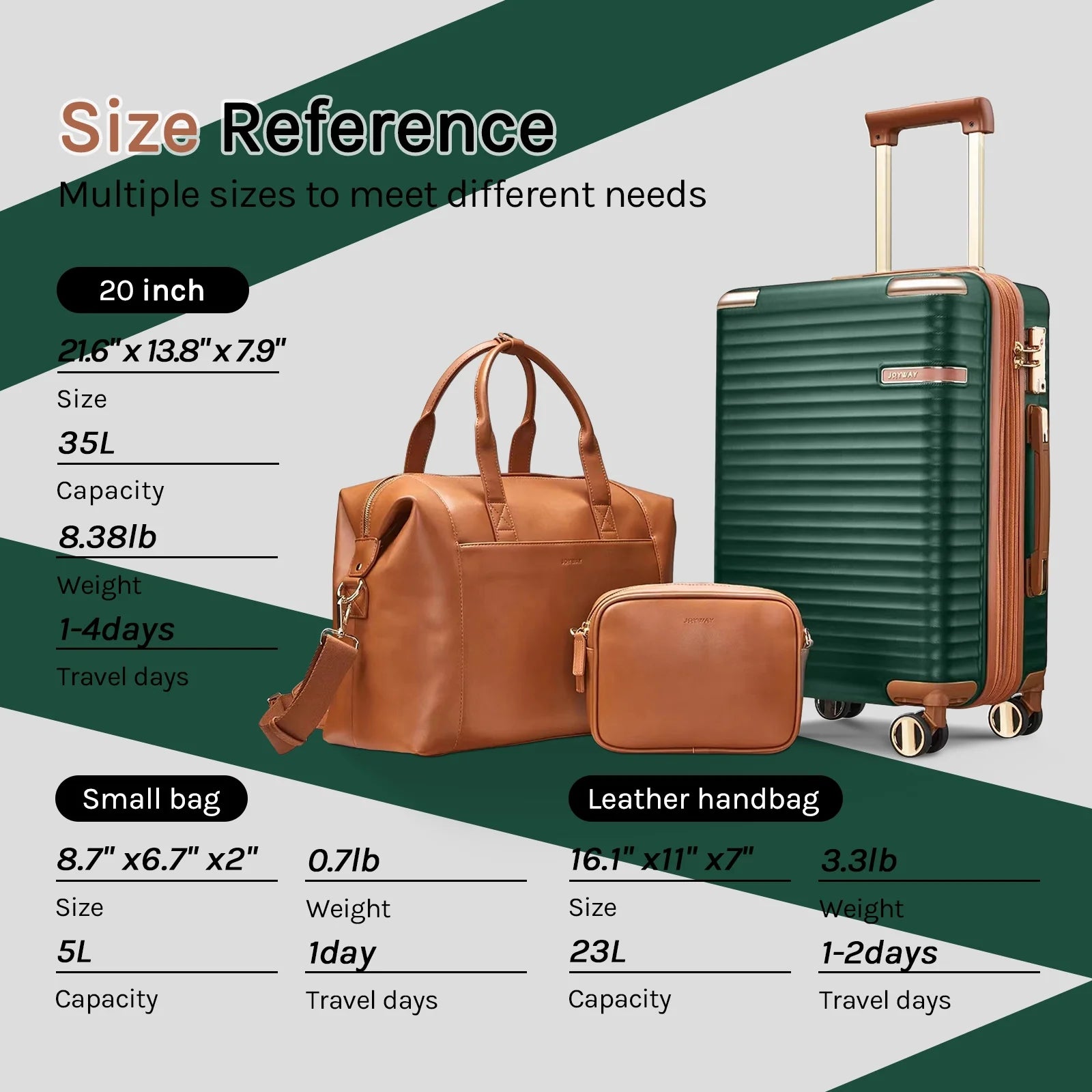 Joyway 3-Piece Carry-On Luggage Set with Swivel TSA Lock and Leather Carry Bag