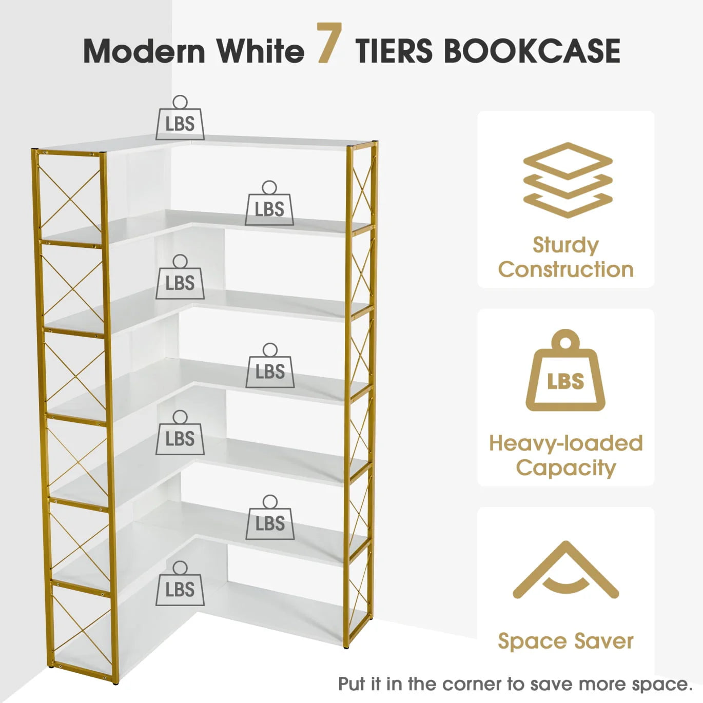 7-Tier Bookcase, L-Shaped Corner Bookcase, Tall Bookshelf with Metal Frame, Industrial Style Shelf with Open Storage, Bookshelf for Home Office Living Room and Bedroom, Gold+White