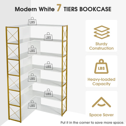 7-Tier Bookcase, L-Shaped Corner Bookcase, Tall Bookshelf with Metal Frame, Industrial Style Shelf with Open Storage, Bookshelf for Home Office Living Room and Bedroom, Gold+White
