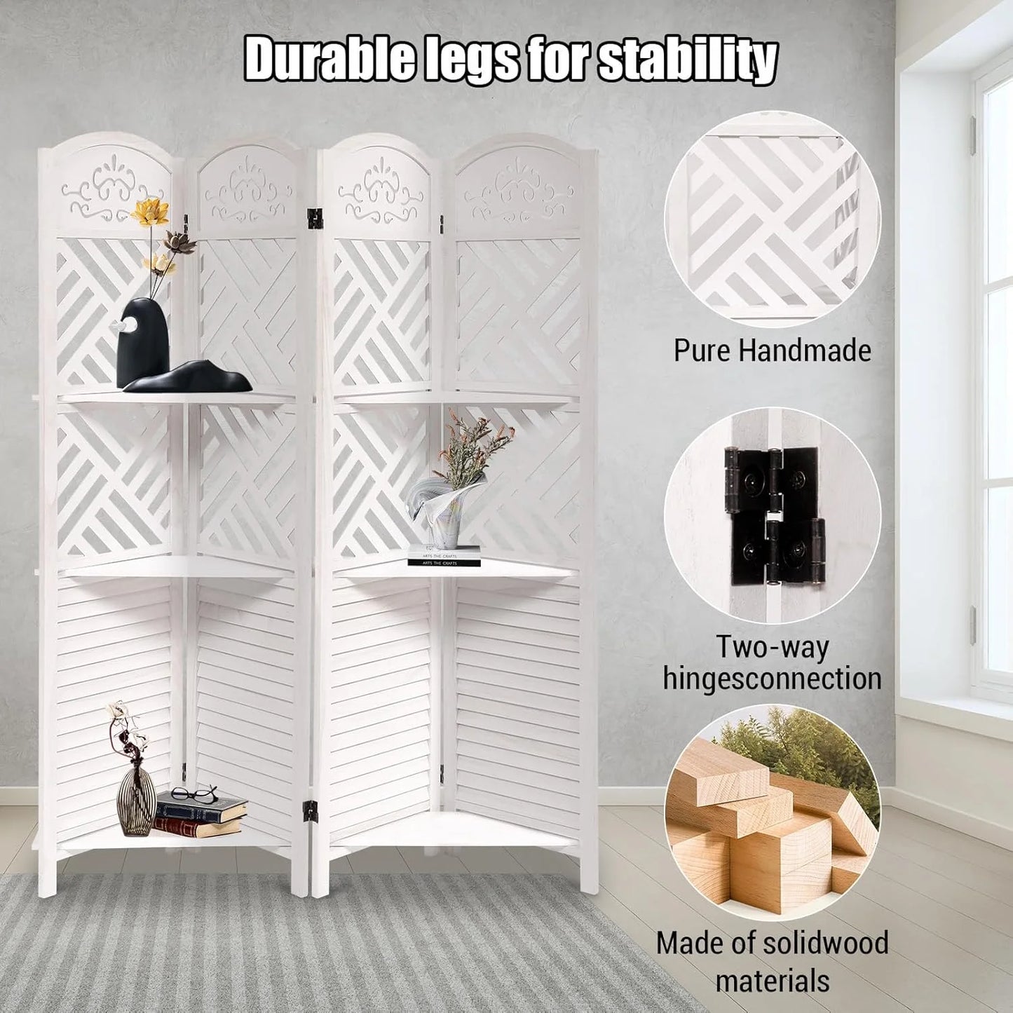 Wooden Room Divider Wall 4 Panel with Holes,5.6FT Tall Room Divider with Shelves,Folding Privacy Screens 67 in for Room Separation Home Office Bedroom