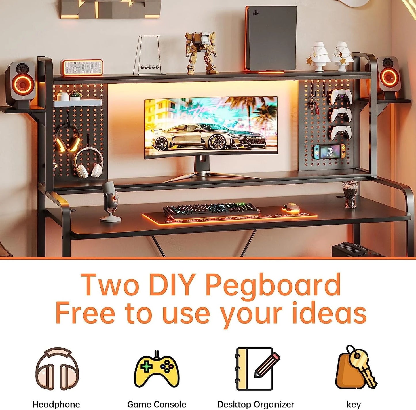 SEDETA Gaming Desk, 55" Computer Desk with Hutch and Shelves, LED Lights, Pegboard and Monitor Shelf, Large PC Gamer Desk Workstation for Home Office, Gaming Table for Bedroom, Black