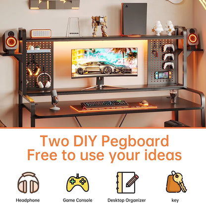 SEDETA Gaming Desk, 55" Computer Desk with Hutch and Shelves, LED Lights, Pegboard and Monitor Shelf, Large PC Gamer Desk Workstation for Home Office, Gaming Table for Bedroom, Black