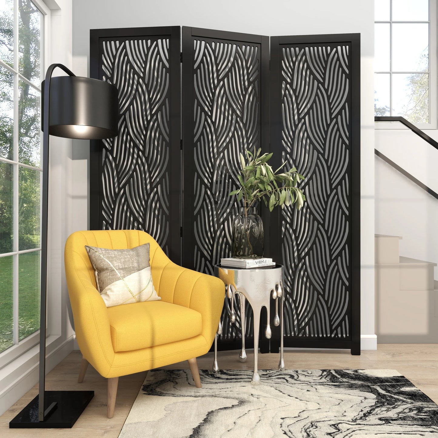 DecMode 60" x 72" Black Mango Wood Abstract Wavy Cutout 3 Panel Room Divider Screen, 1-Piece
