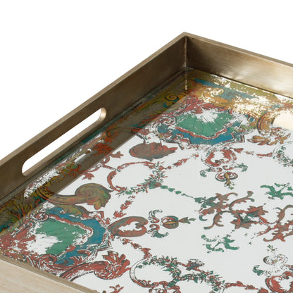 Miki 20 Inch Square Decorative Tray, Artisan Mirrored Damask Pattern, Gold