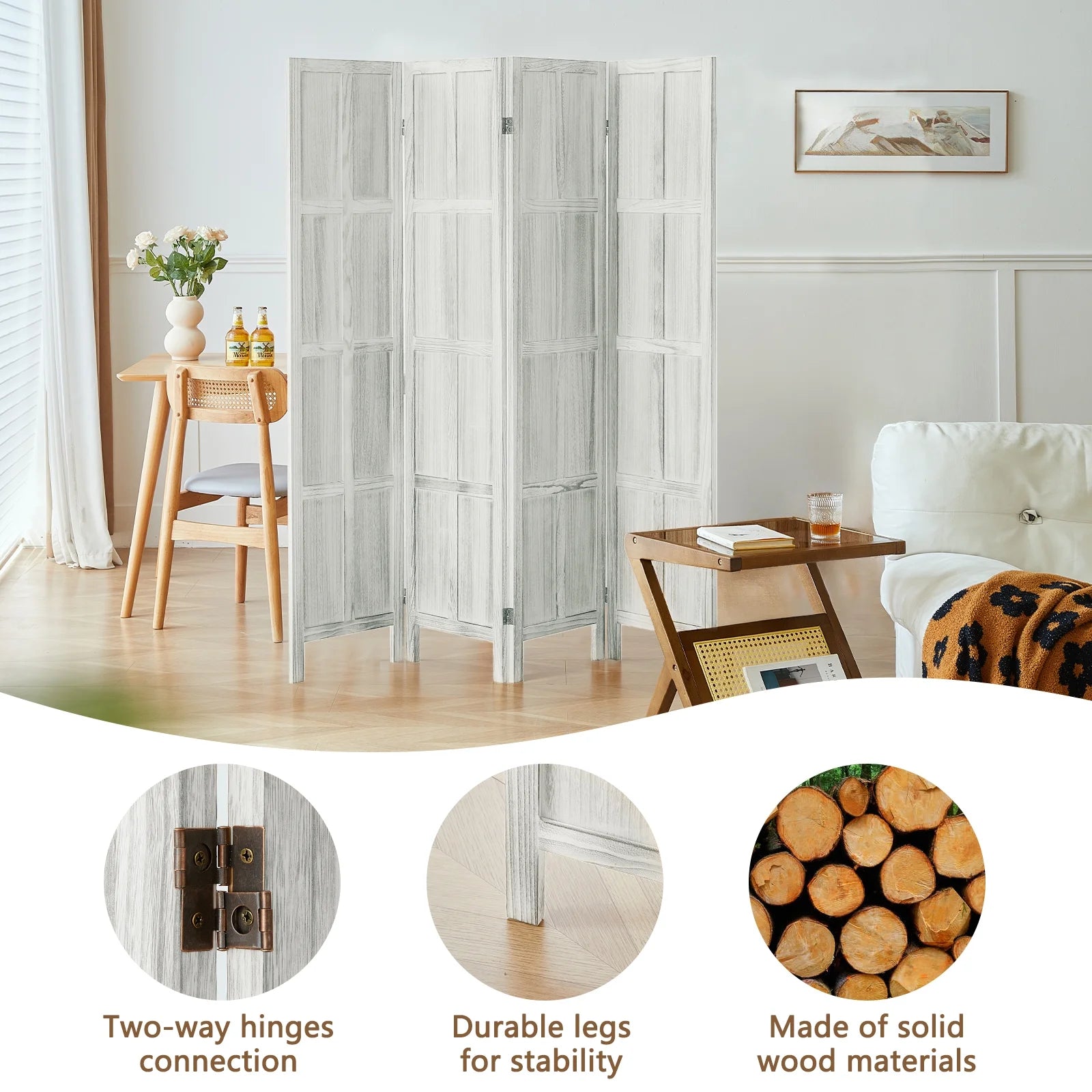 Aletheiawu 4 Panel Room Divider Wall and Folding Privacy ScreensNo Installation RequiredWhite