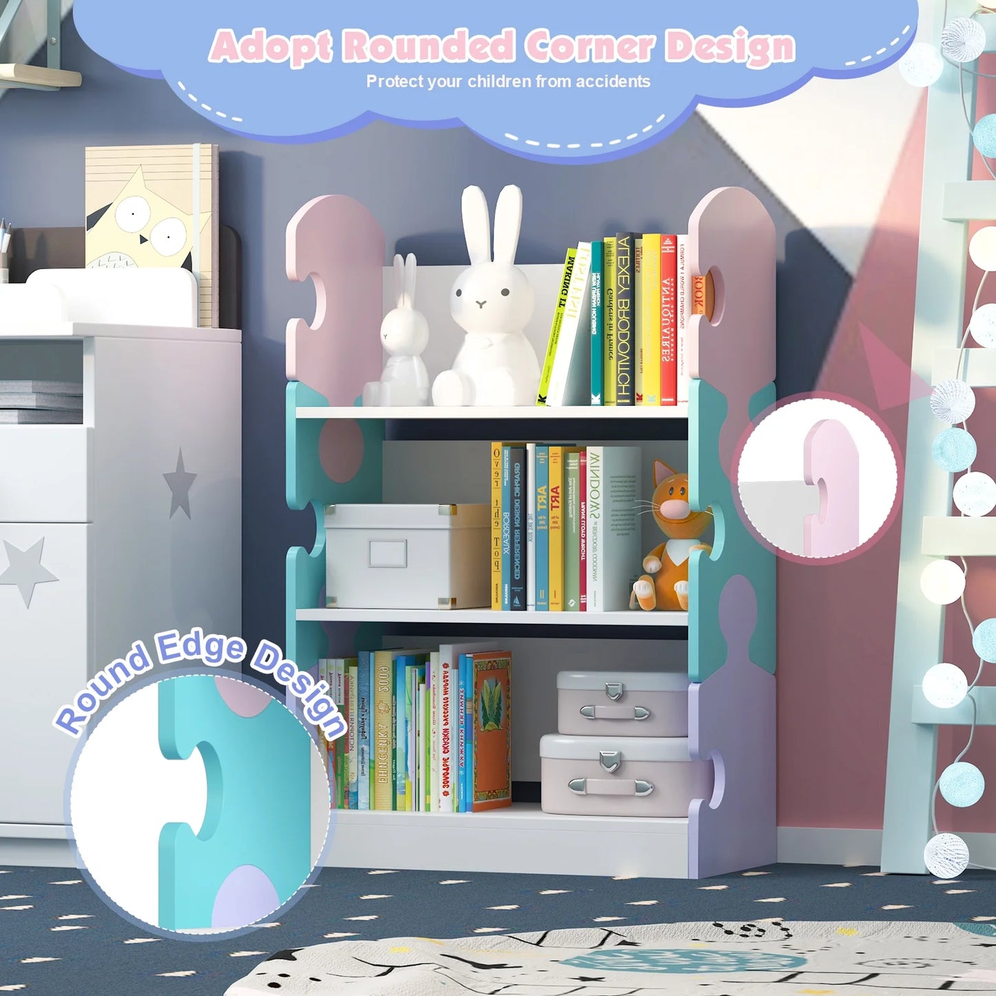 3-Tier Puzzle Piece Kids Bookshelf - Open Toy & Book Organizer for Nursery, Bedroom & Classroom