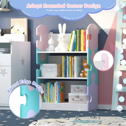 3-Tier Puzzle Piece Kids Bookshelf - Open Toy & Book Organizer for Nursery, Bedroom & Classroom