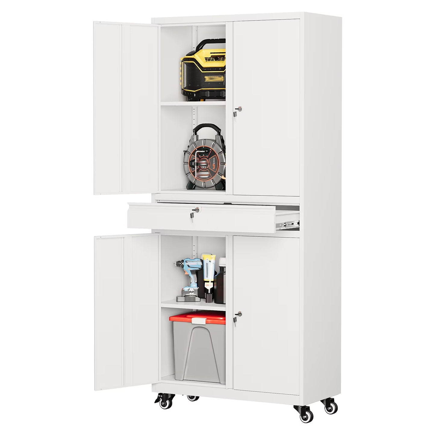 STANI Metal Garage Storage Cabinets with Drawer, 4 Doors Tool Storage Cabinet with 2 Adjustable Shelves, 73"H Rolling Steel Locking Cabinet for Garage Utility Room Home Office (Black, 4 Wheel)