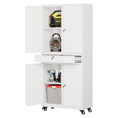 STANI Metal Garage Storage Cabinets with Drawer, 4 Doors Tool Storage Cabinet with 2 Adjustable Shelves, 73"H Rolling Steel Locking Cabinet for Garage Utility Room Home Office (Black, 4 Wheel)
