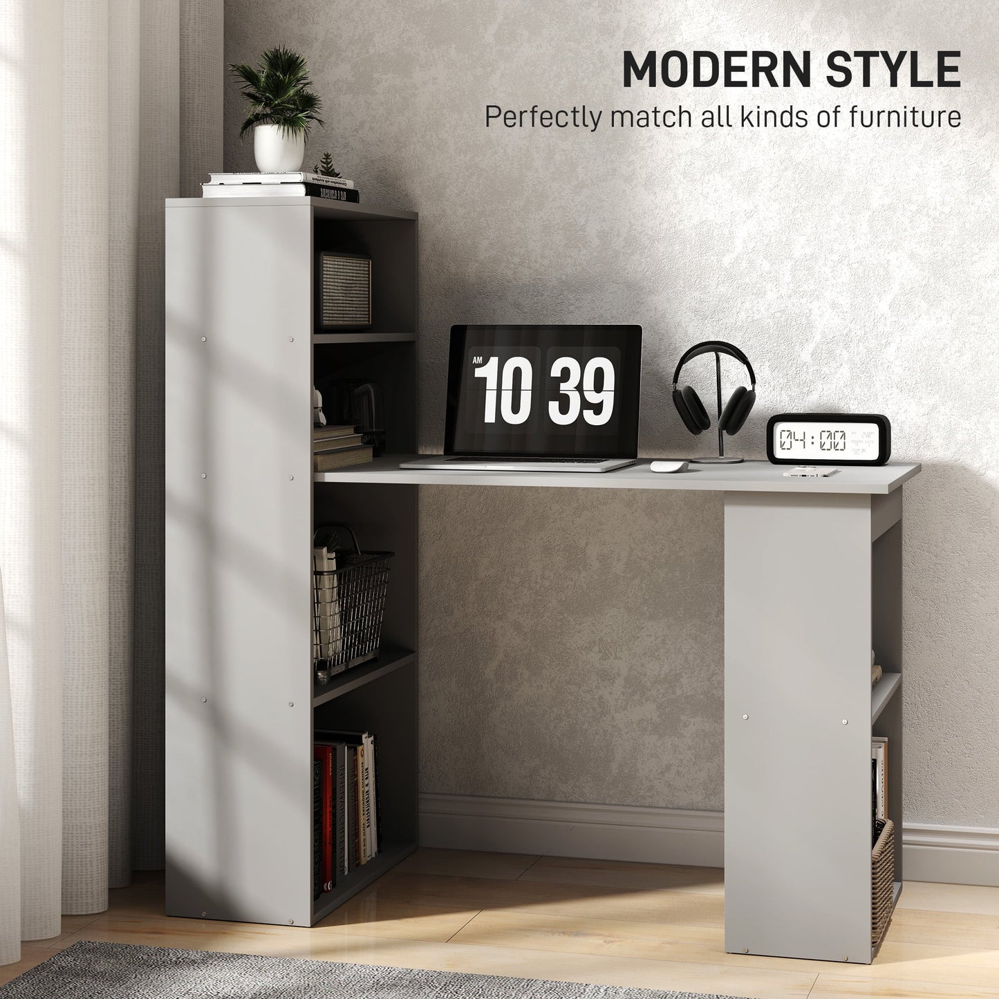 HOMCOM Modern Compact Computer Desk with 6-Tier Storage Shelves, Writing Table Workstation with Bookshelf for Home Office, Gray