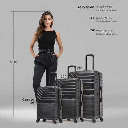 InUSA AURUM 3-Piece Hardside Luggage Sets with Spinner Wheels, Handle and Trolley, (20"/24"/28"), Black