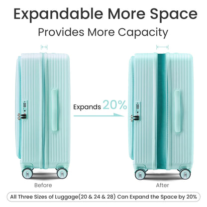 POWANLI 3 Piece Luggage Sets (20''24''28''), PC Hard Shell Expandable Lightweight Carry On Luggage, with Front Pocket and Spinner Wheels, TSA Lock, Airline Approved(Mint Green)