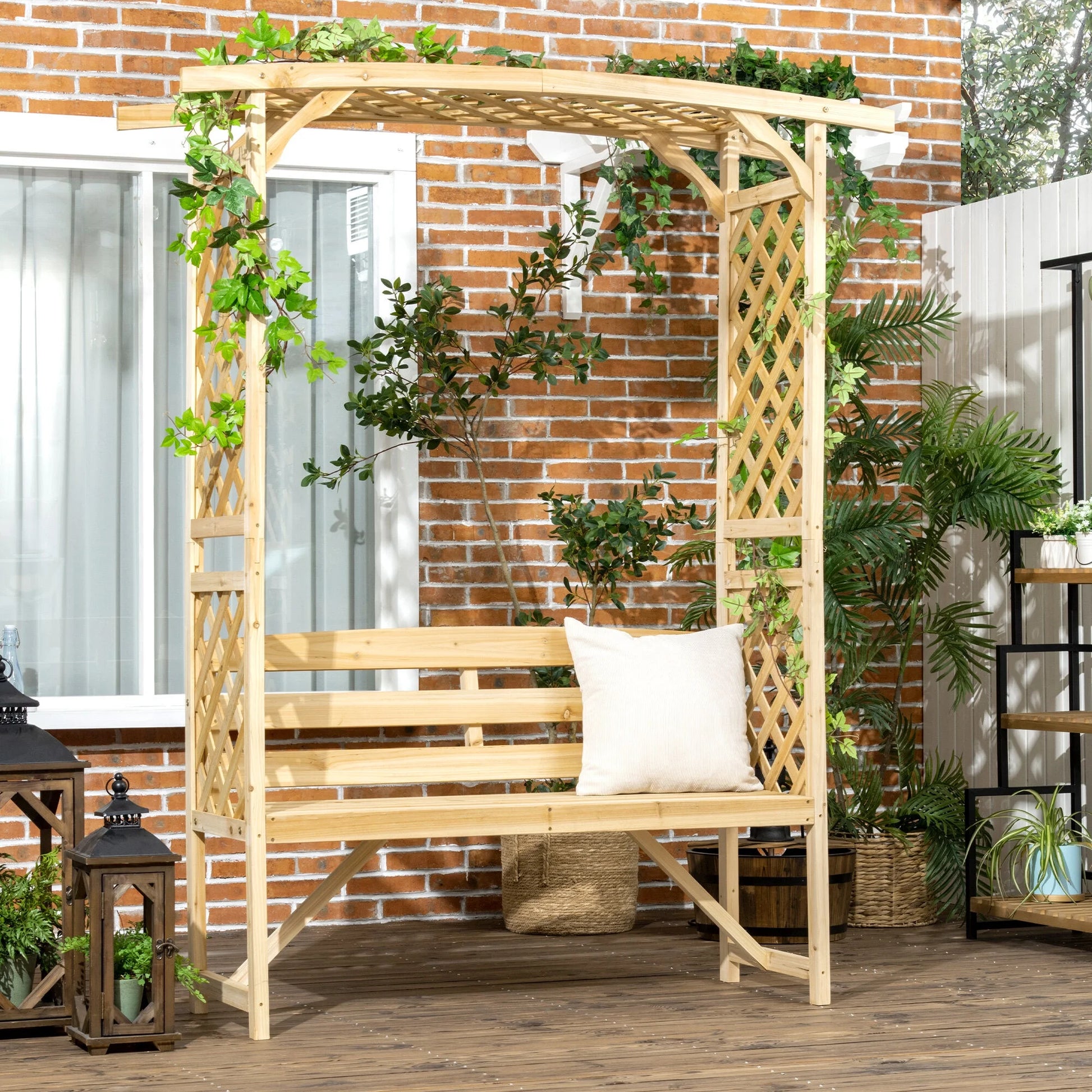 DUOSONG Outsunny Patio Garden Bench Arbor Arch With Pergola And 2 Trellises, 3 Seat Natural Wooden Outdoor Bench For Grape Vines & Climbing Plants, Backyard Decor, Natural Natural Wood Garden &