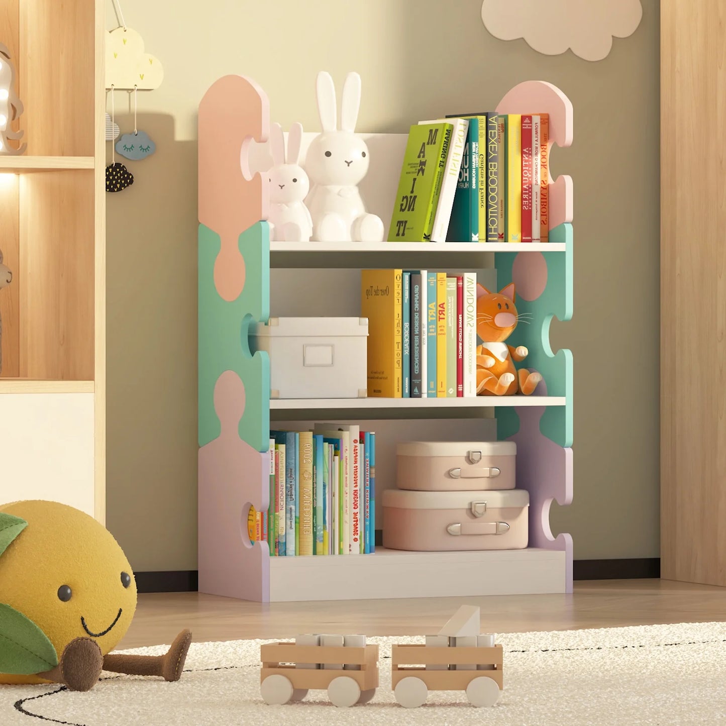 3-Tier Puzzle Piece Kids Bookshelf - Open Toy & Book Organizer for Nursery, Bedroom & Classroom