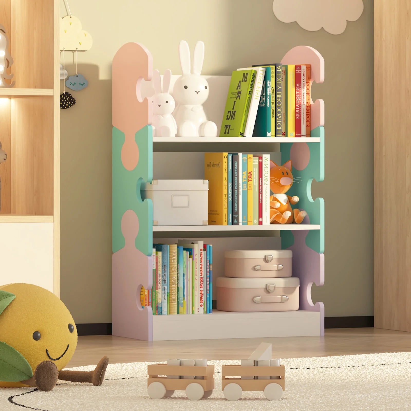 3-Tier Puzzle Piece Kids Bookshelf - Open Toy & Book Organizer for Nursery, Bedroom & Classroom