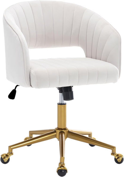 Home Office Swivel Desk Chair, Modern Velvet Vanity Chair, Height Adjustable Armchair with Gold Base, Ergonomic Office Chair for Task Study Computer Room, Beige
