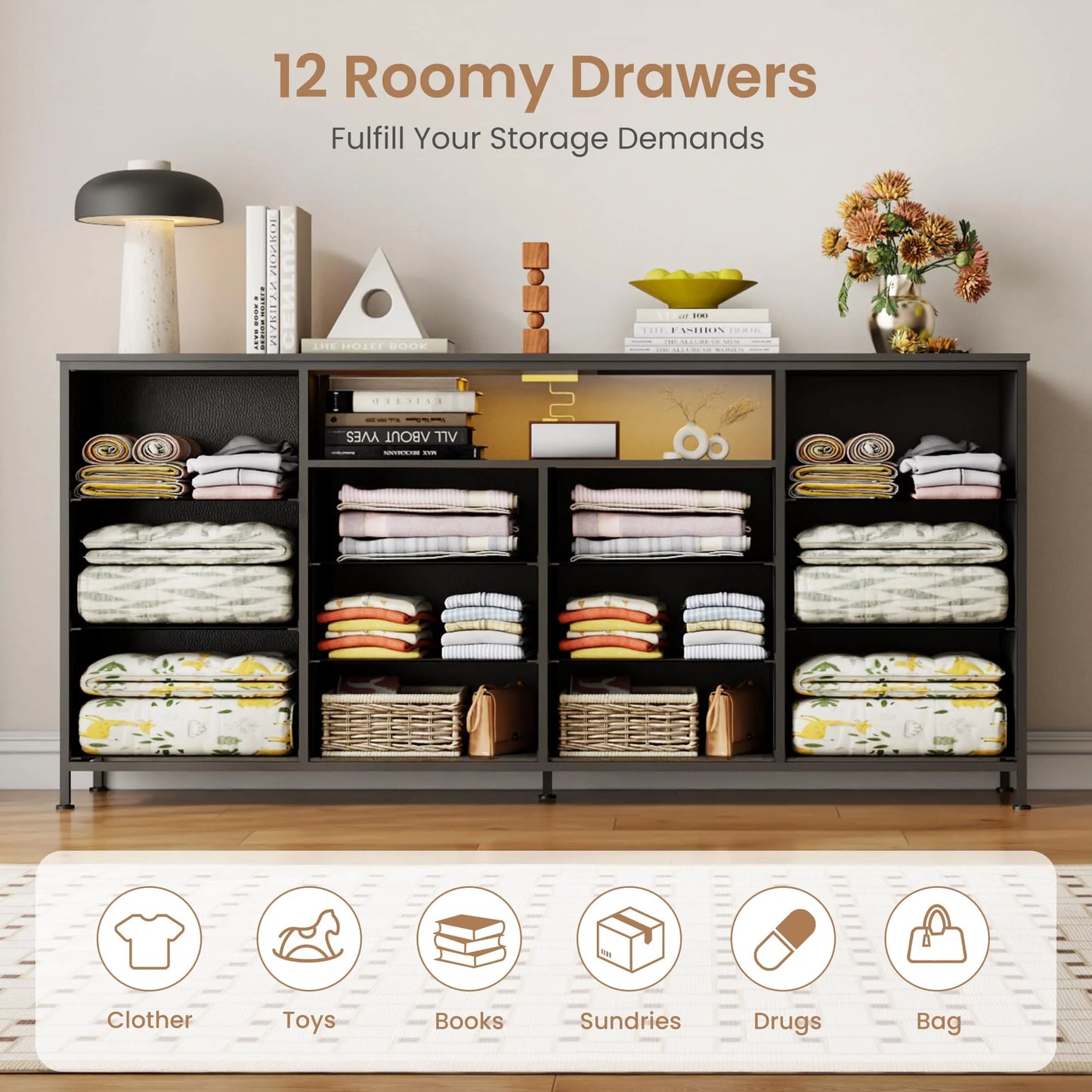 Danolapsi 12-Drawer Dresser with Charging Station & LED Lights, Fabric Chest of Drawers with Sturdy Metal Frame, Wood Top TV Stand, Storage Organizer for Bedroom, Closet, Entryway, Nursery