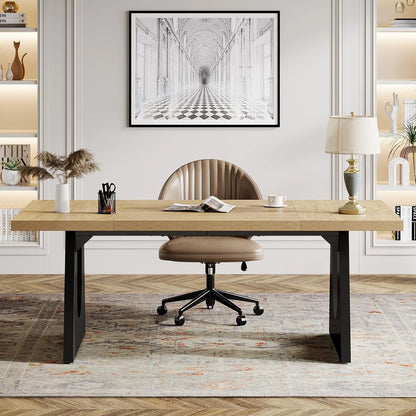 Tribesigns 70.9-Inch Executive Desk, Computer Office Desk, Modern Simple Desk with Large Desktop, Writing Desk Workstation Business Furniture for Home Office, Study, Metal Frame, Oak and Black