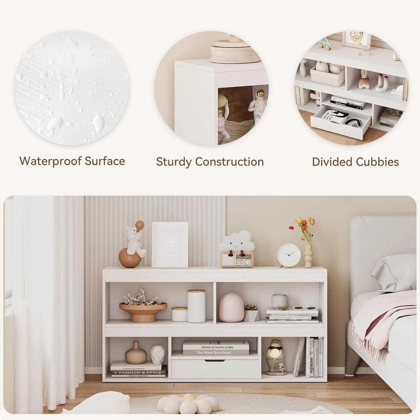 Kids Bookshelf with Drawer Nursery Bookcase Wooden Toy Storage Organizer Playhouse Storage Shelves White Book Shelf for Playroom, Classroom, Nursery, Kids Room