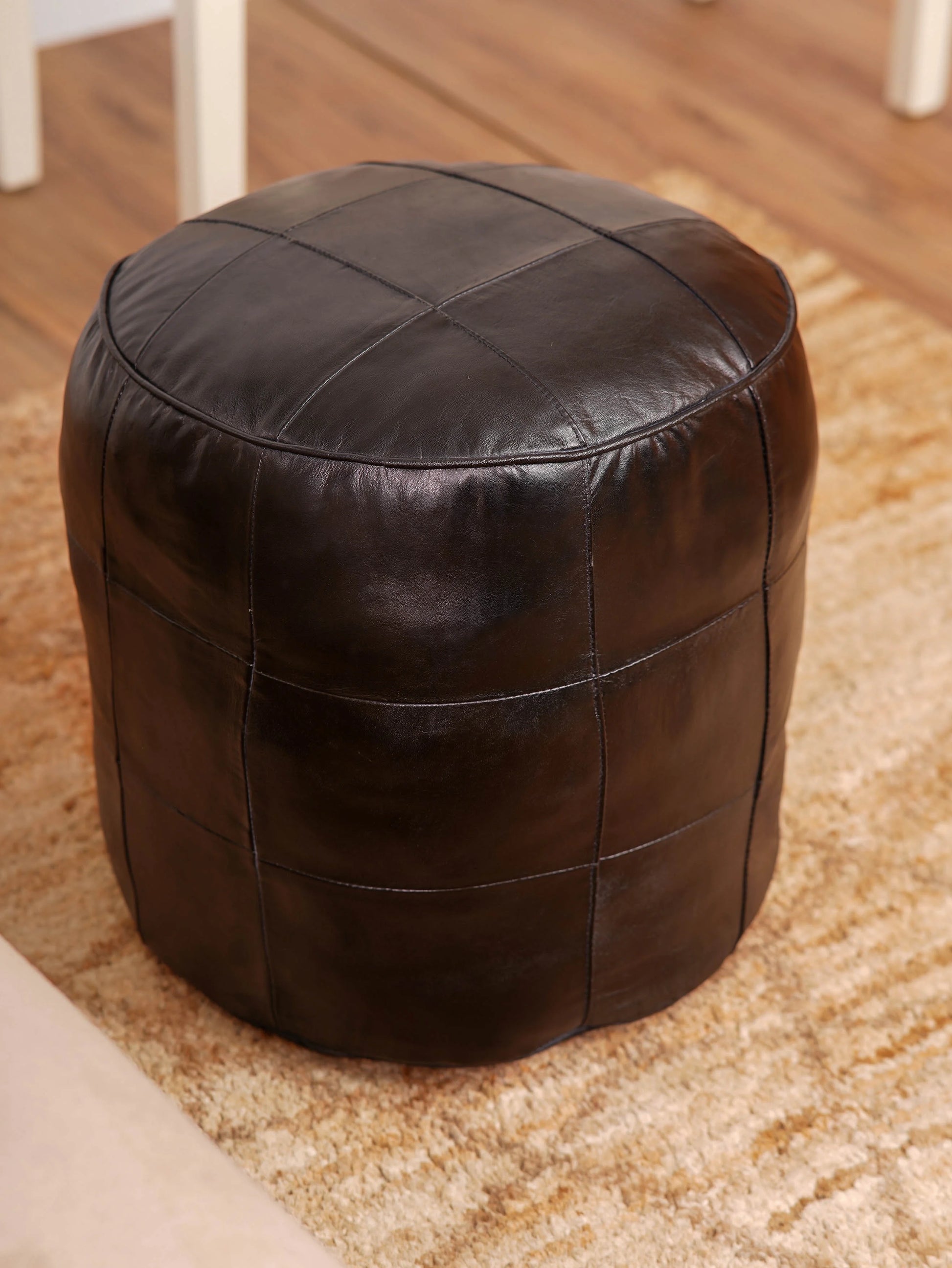 HANDMADE ECO-FRIENDLY ROUND SHAPED STUFFED LEATHER BLACK POUF - 14" x 14" x 14", Round Shape, Black Color, , Seating Pouf For Living Room, Study Room, Patio & Office