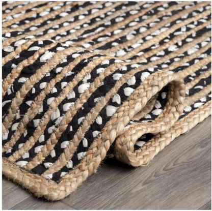 Indian Handmade Braided Black & White Cotton with Natural Jute Area Rugs , Floor Decor Carpet Size 2.6 x 4 Feet ( 75 cm x 120 cm )