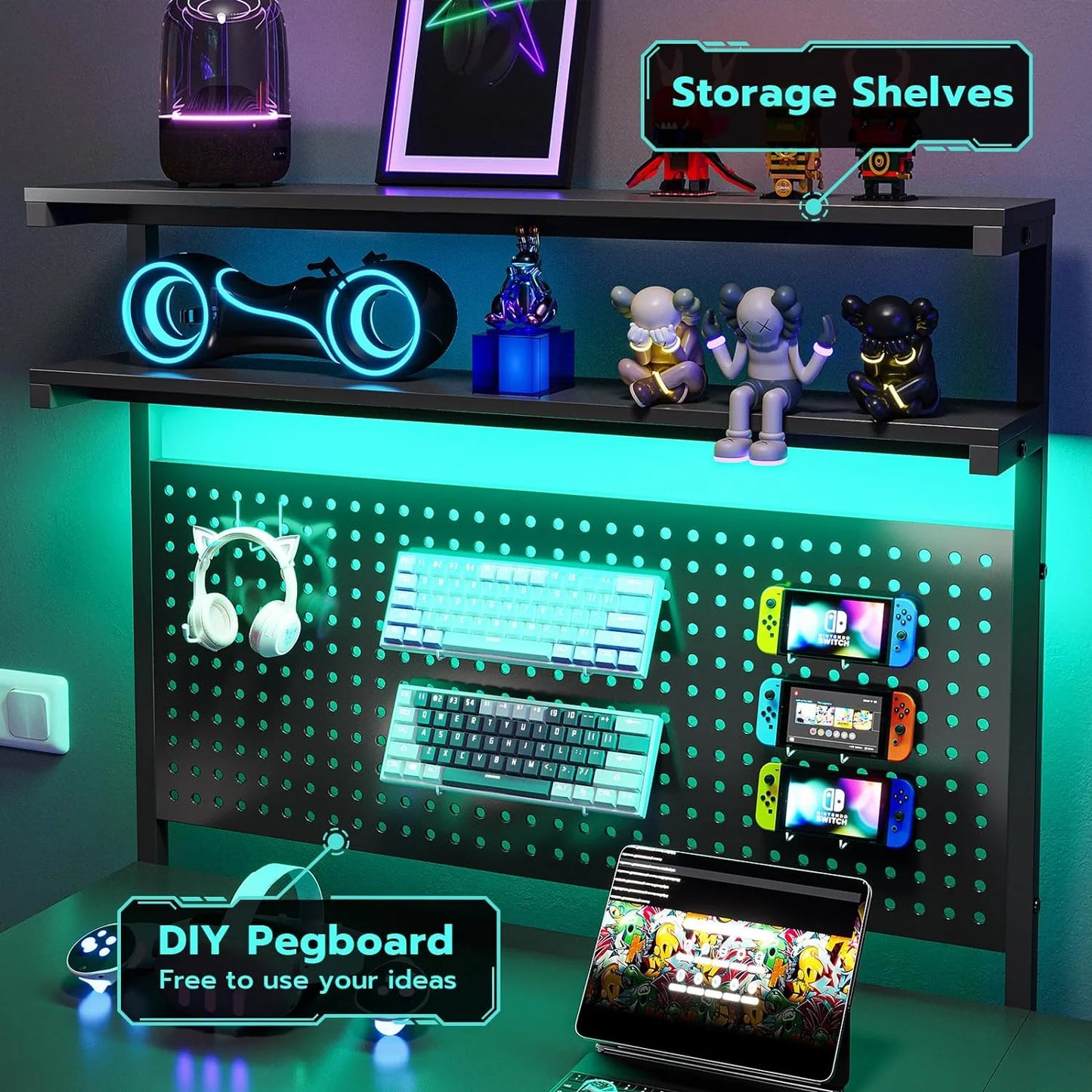 SEDETA White L Shaped Gaming Desk with LED Lights and Drawers, Gaming Desk with Hutch & Pegboard, Computer Desk with Monitor Stand, Storage Shelves, Home Office Desk Corner Desk, Gaming Table
