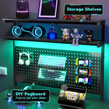 SEDETA White L Shaped Gaming Desk with LED Lights and Drawers, Gaming Desk with Hutch & Pegboard, Computer Desk with Monitor Stand, Storage Shelves, Home Office Desk Corner Desk, Gaming Table