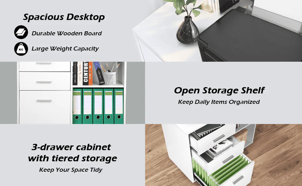 Richya Wood File Cabinet , Printer Stand with Open Storage Shelf, 3-Drawer File Cabinet, Home Office White
