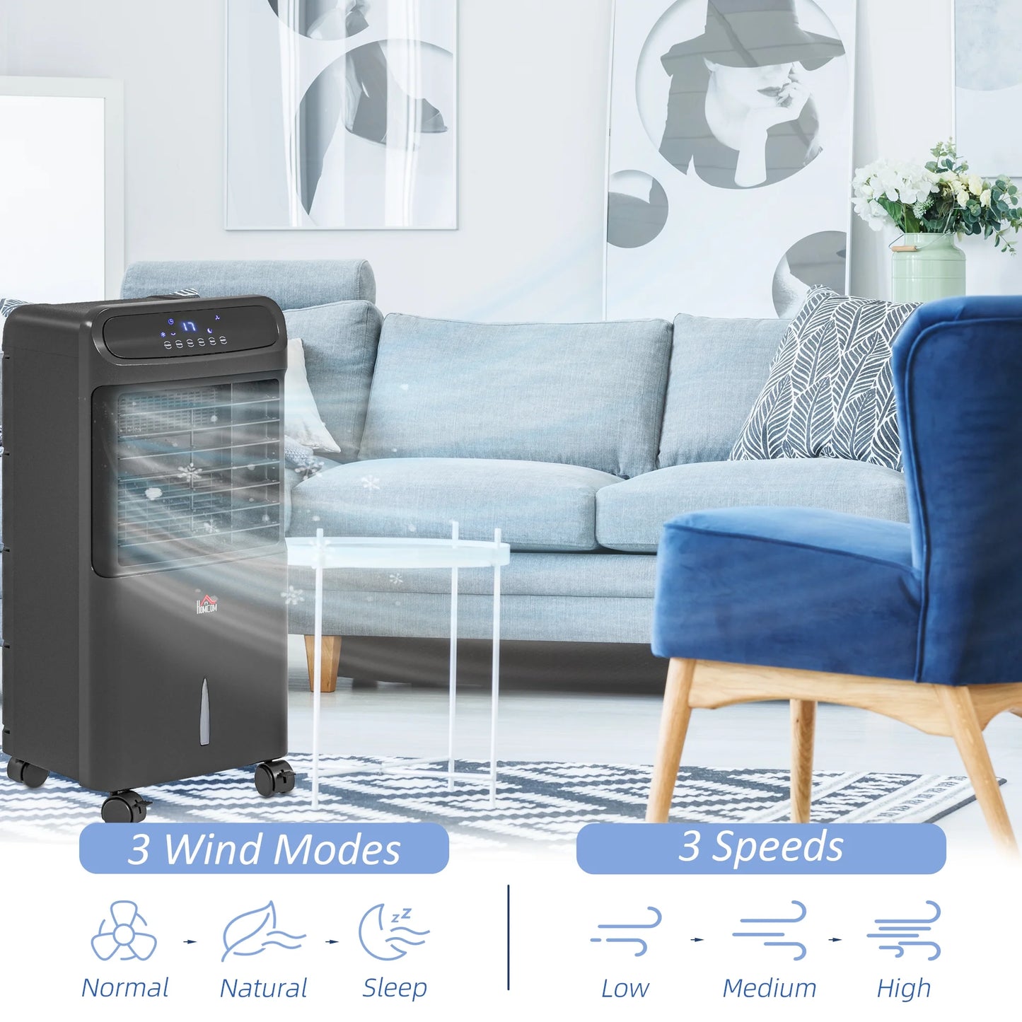 HOMCOM 32" Evaporative Air Cooler with 3.2 Gal Water Tank, 60° Oscillating, 3-In-1 Ice Cooling Fan, Portable Swamp Cooler with Humidifier for Home Office, 3 Modes, 3 Speeds, 12H Timer, Remote, White